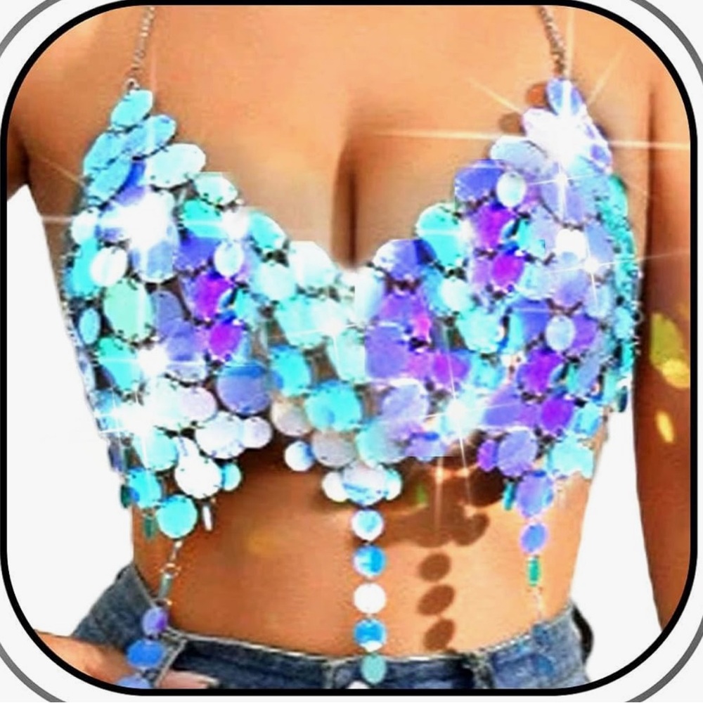 Irridescent holographic sequin mirror circles festival rave crop top bra chain - Picture 1 of 4